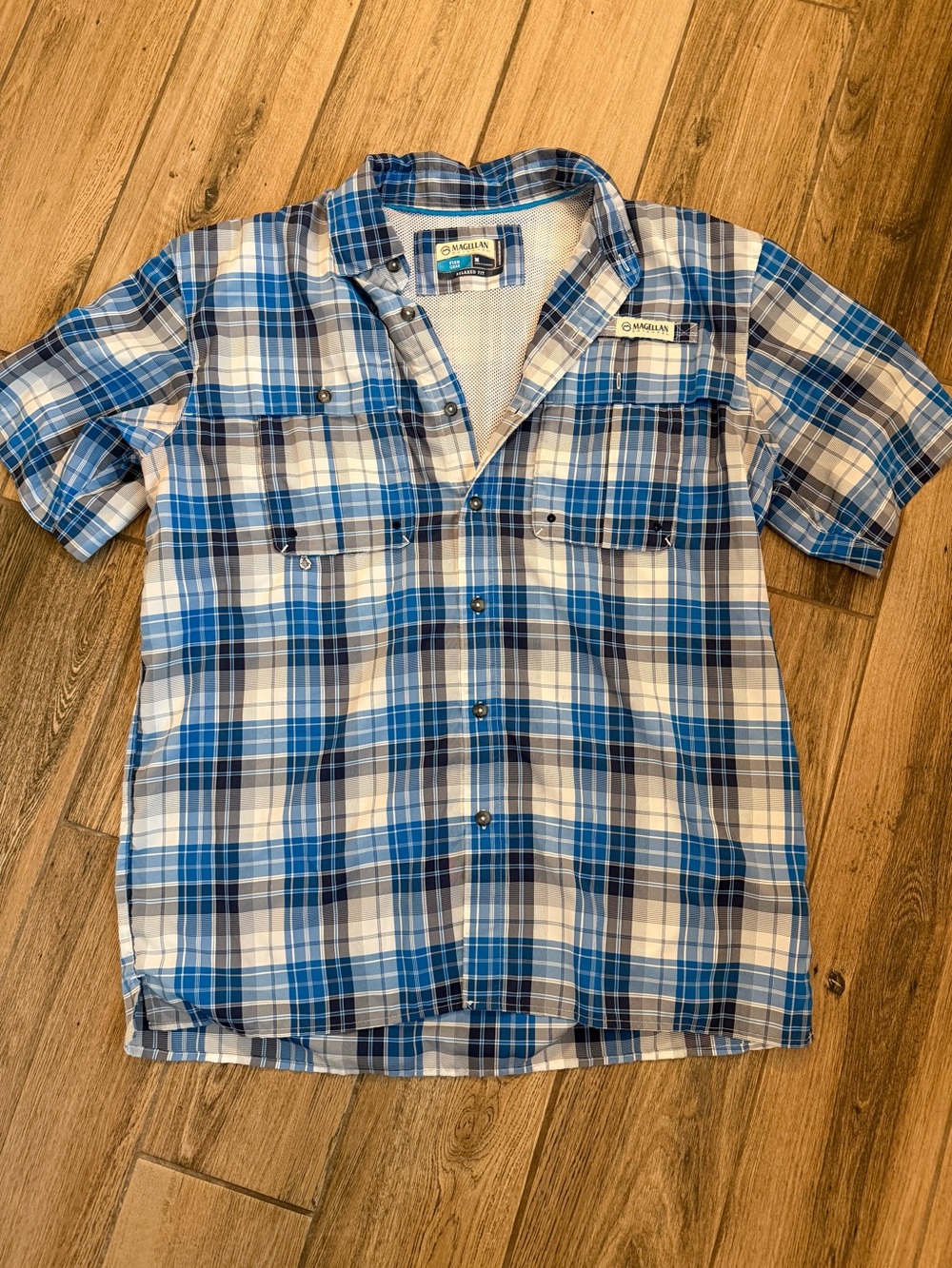 Magellan Outdoors Blue and White Plaid Short-Sleeve Button-Up Shirt